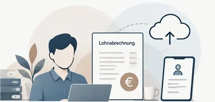 Illustration: Mitarbeiter am Laptop, daneben eine digitale Lohnabrechnung und ein Smartphone