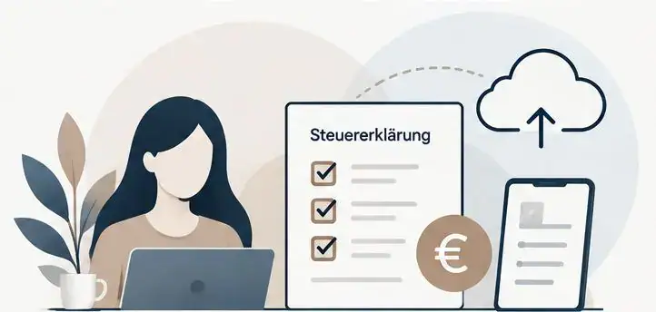 Illustration: Frau am Laptop, daneben eine Checkliste zur Steuererklärung und ein Smartphone