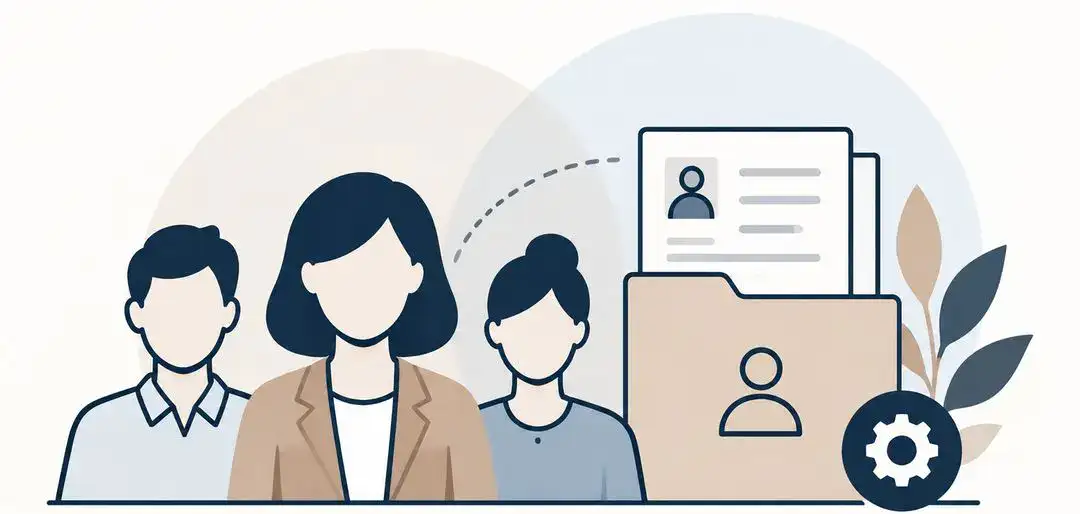 Illustration: drei Mitarbeitende neben einer digitalen Personalakte
