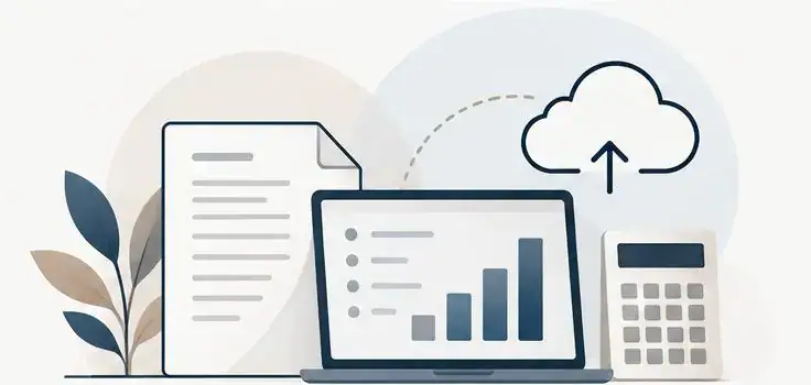 Illustration: Dokument, Laptop mit Diagramm und Taschenrechner, daneben ein Upload in die Cloud